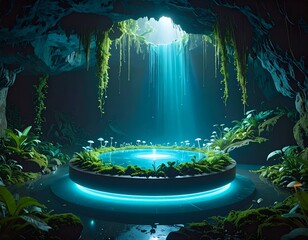 Mystical cave scene with a glowing pool and verdant foliage