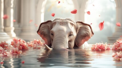 An elephant enjoying a luxurious spa experience with exotic flowers, blending relaxation and opulence.