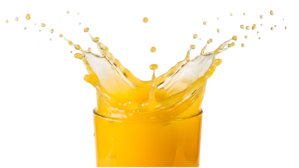 Orange juice splash in a glass with liquid droplets and motion on a transparent background, perfect for healthy breakfast and beverage advertisements