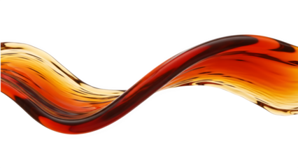 Amber liquid splash wave of honey or whiskey flowing horizontally on a transparent background for food and beverage design