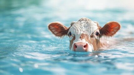 A cow playfully swimming in a pool or pond, enjoying the refreshing water under a sunny sky with gentle ripples.