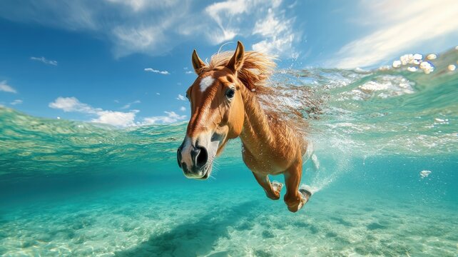 A horse diving into a sparkling water body, exploring its aquatic world with playful curiosity and excitement.