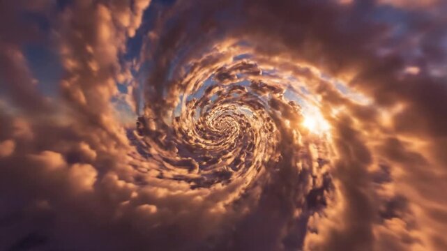 Dreamy Swirling Clouds Vortex Tunnel with Golden Sun Rays - Abstract Sky Background