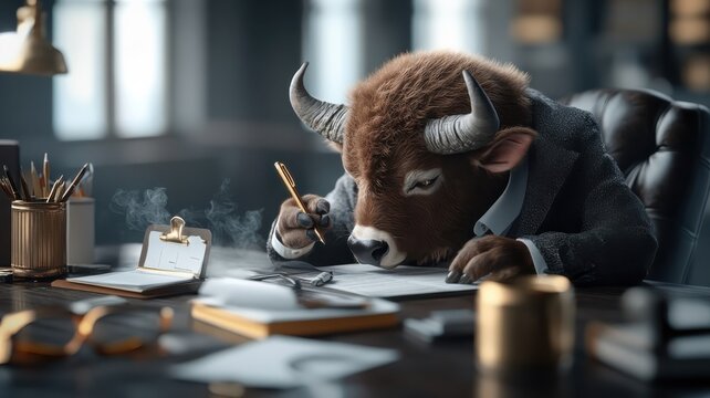 A buffalo in a business suit humorously working at a desk in a modern office setting, surrounded by office supplies.