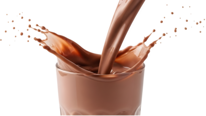 Chocolate milk pouring into a glass with a dynamic splash and scattered droplets on a transparent background for food and beverage advertising