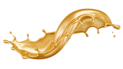 Caramel splash or liquid gold swirl with glossy texture on transparent background for food or cosmetic packaging design