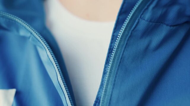 athlete zipping blue jacket before match, closeup hand pulling zipper on wet fabric hood, focused preparation for rainy football training session, subtle sweat on neck, cool blue tones, tight framing