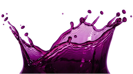Purple grape juice splash with dynamic liquid crown and droplets on transparent background