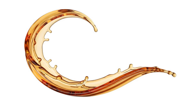 Amber liquid splash in a dynamic curved swirl with golden droplets on a transparent background for whiskey or honey beverage advertising