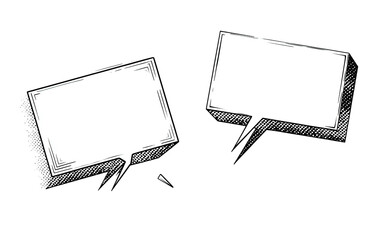 Two rectangular comic speech bubbles angled and shaded with lines