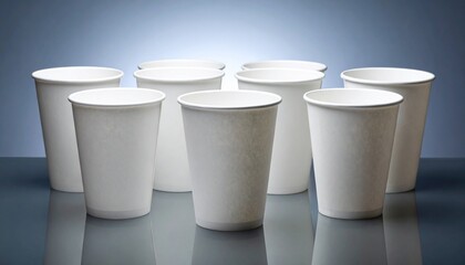 Fifteen white paper cups arranged on reflective surface with mix of upright and sideways positions on gradient background.