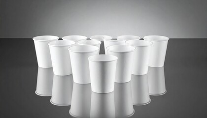 Fifteen white paper cups arranged on reflective surface with mix of upright and sideways positions on gradient background.