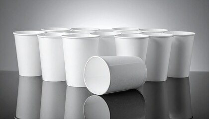 Fifteen white paper cups arranged on reflective surface with mix of upright and sideways positions on gradient background.