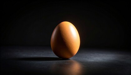 Single upright brown egg on black background with soft lighting and subtle shadow, emphasizing simplicity and texture.