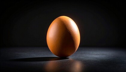 Single upright brown egg on black background with soft lighting and subtle shadow, emphasizing simplicity and texture.