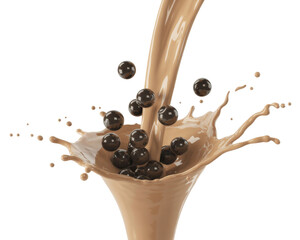 Captivating liquid splash of creamy liquid with chocolate balls. This pouring liquid creates a dynamic splash, perfect for illustrating delicious beverages and sweet treats.