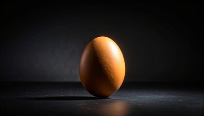 Single upright brown egg on black background with soft lighting and subtle shadow, emphasizing simplicity and texture.