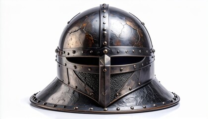Medieval-style dark metal knight&rsquo;s helmet with cracked ridge, riveted visor, and flared neck guard on neutral background.