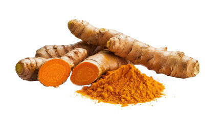 turmeric roots and powder isolated on transparent background.