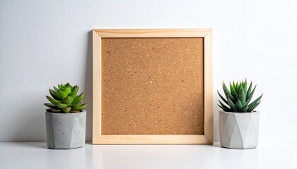 Empty wooden-framed cork bulletin board with two small potted succulents in gray and white pots on white wall.