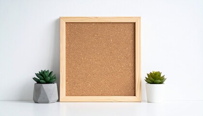 Empty wooden-framed cork bulletin board with two small potted succulents in gray and white pots on white wall.