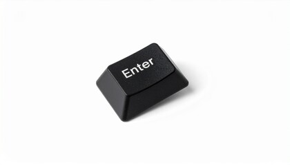 Single black &ldquo;Enter&rdquo; keyboard key slightly tilted on white background, emphasizing digital input and simplicity.