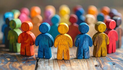 Colorful wooden figurines with abstract human shapes arranged in rows, symbolizing diversity and unity.