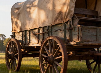 Old wooden covered wagon with large wheels in a grassy area