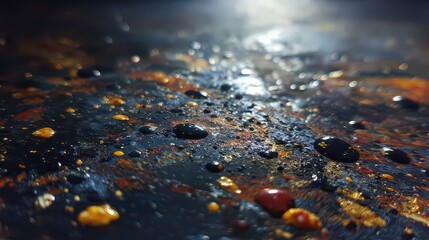 Abstract Close Up of Black Rusty Metal Surface with Water Droplets and Golden Brown Textures Under Bright Light