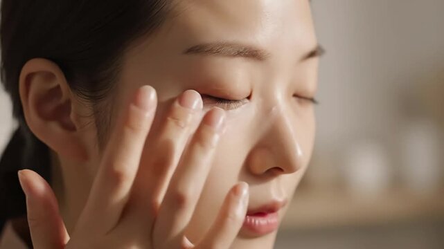 Closeup of beautiful east asian woman applying moisturizing cream gently under eye area for facial routine