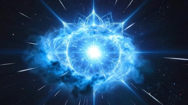 Abstract glowing blue energy sphere with intricate patterns against a cosmic background.