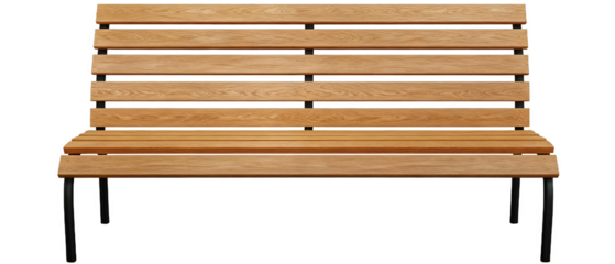 Wooden bench with black metal legs, suitable for outdoor public spaces like parks. Made of natural wood, ergonomic design for comfort and relaxation.