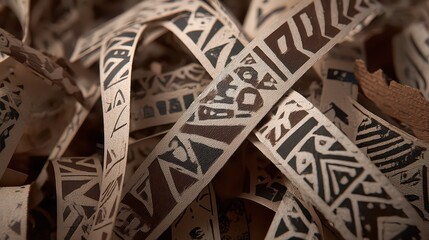 Abstract Pile of Decorative Paper Ribbons with Brown and Black Tribal Patterns Intricate Textures and Neutral Background in Soft Lighting for Artistic Design