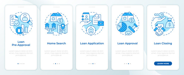 Fototapeta na wymiar Loan approval blue onboarding mobile app screen. House mortgage. Walkthrough 5 steps editable graphic instructions with linear concepts. UI, UX, GUI. Montserrat SemiBold, Regular fonts used