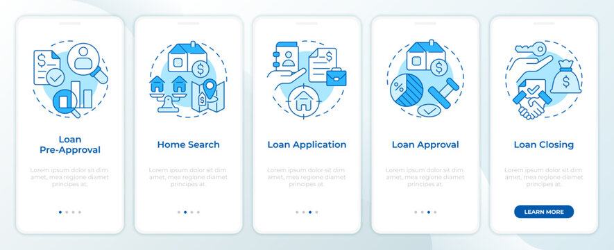 Loan approval blue onboarding mobile app screen. House mortgage. Walkthrough 5 steps editable graphic instructions with linear concepts. UI, UX, GUI. Montserrat SemiBold, Regular fonts used