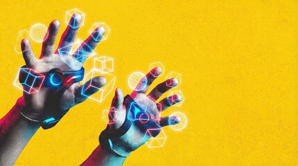 Man hand interacting with virtual reality interface, holographic objects floating. Metaverse concept and digital interaction for presentation.