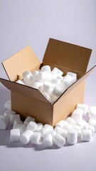 Open cardboard box filled with and surrounded by loose fill packing peanuts
