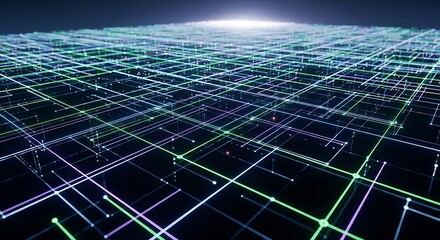 Futuristic grid network with glowing lines and nodes in a dark background