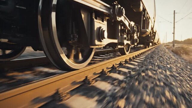 Close-up of a vintage steam train moving fast on tracks at sunset, motion blur
