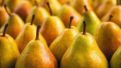 Fresh pears arranged in clusters at a market stall during daytime