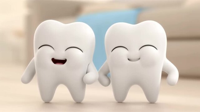 Two sibling tooth characters make silly faces and laugh. Joyful 3D animation for relatable family dental clinic content.