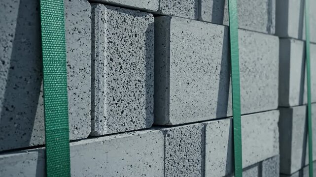 Stack of Concrete Blocks Secured With Green Straps, Close Up