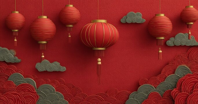 Red background with golden lanterns and auspicious clouds creates a festive atmosphere, ideal for celebrations and cultural events, showcasing traditional decorative elements