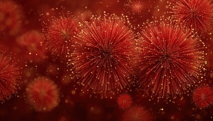 Fototapeta premium Red background with vibrant fireworks creating a festive atmosphere, ideal for celebrations, events, and holiday-themed designs featuring bright colors and dynamic patterns