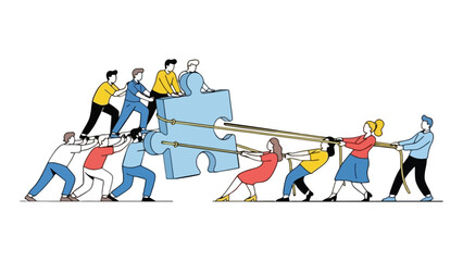 A diverse group of people working together to complete a puzzle