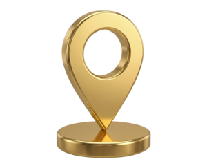 PNG image of Luxurious three dimensional golden map location pin icon elegantly standing upright on a circular pedestal on transparent background