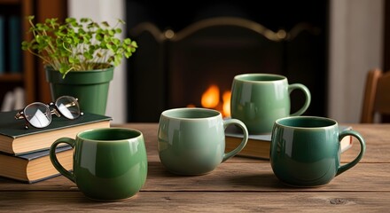 Four green ceramic mugs on a wooden table with a fireplace and plant teal