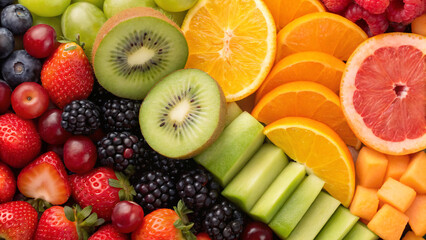 Colorful display of fresh fruits including grapes, strawberries, melons, and citrus in bright arrangement on a table