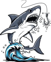 Naklejka premium Cartoon shark jumping out of the water with open mouth and sharp teeth.