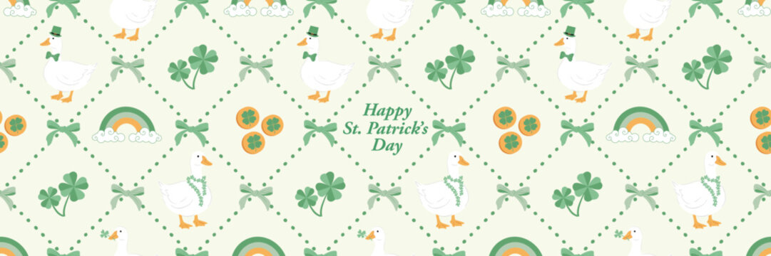 Whimsical St. Patrick&rsquo;s Day seamless pattern with cute goose, shamrock clovers, rainbows, bows, and lucky coins in soft green tones. Perfect for festive backgrounds, kids designs, wrapping paper
